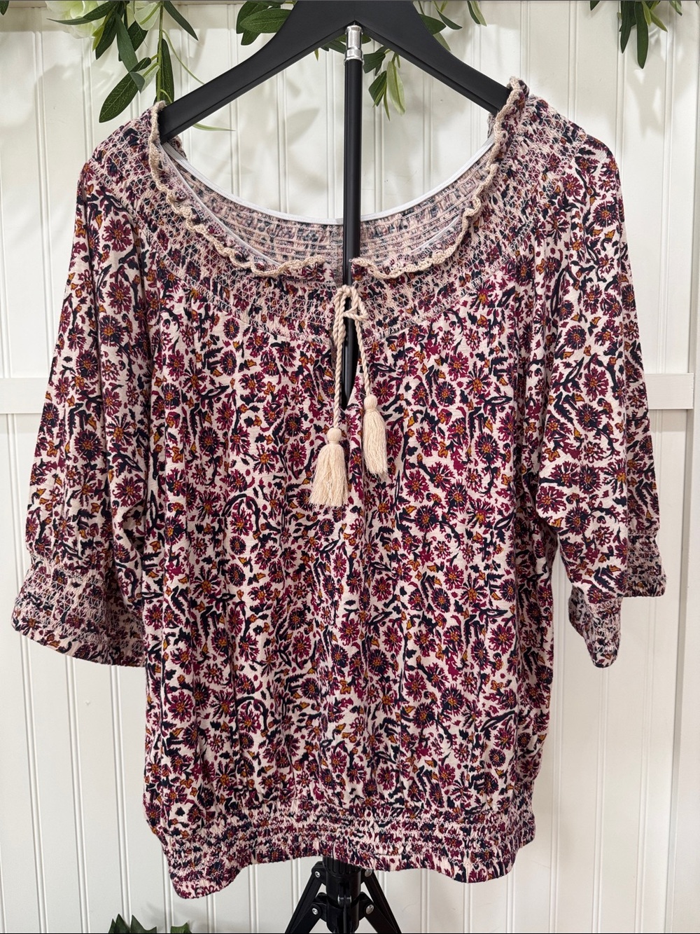 #483 LUCKY BRAND 
Pink Multi Floral Smocked Tassel Peasant Blouse